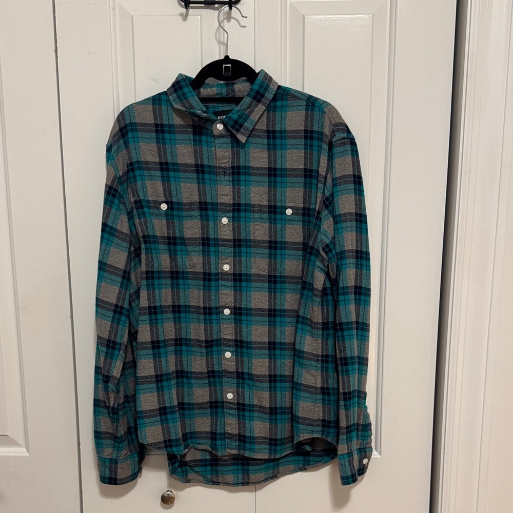 Bonobos Teal and Gray Plaid Flannel Casual Button Down Shirt Size XL CB-W